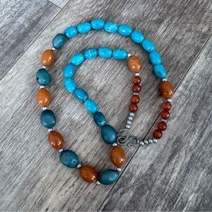 Turquoise and Amber Beaded Necklace - Fishhook Closure